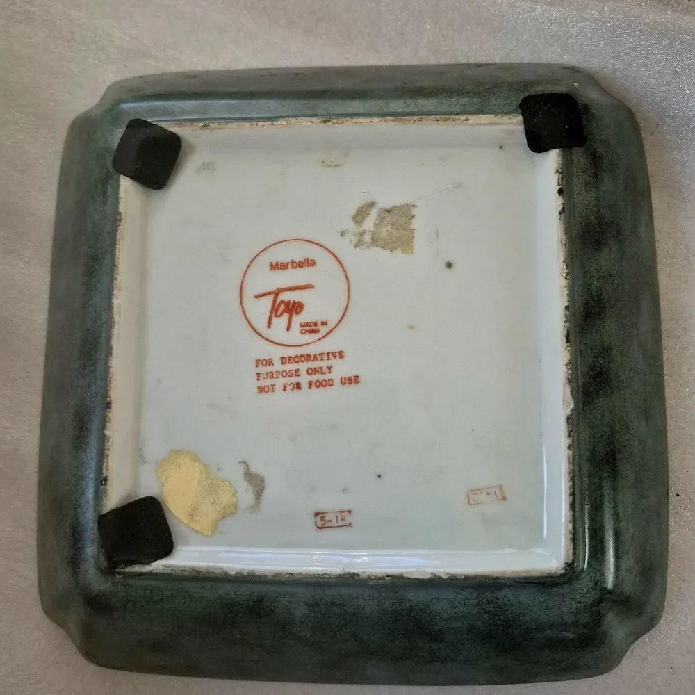 Vintage Toyo Marbella Square Decorative Dish Hand Painted Green Gold Chipped